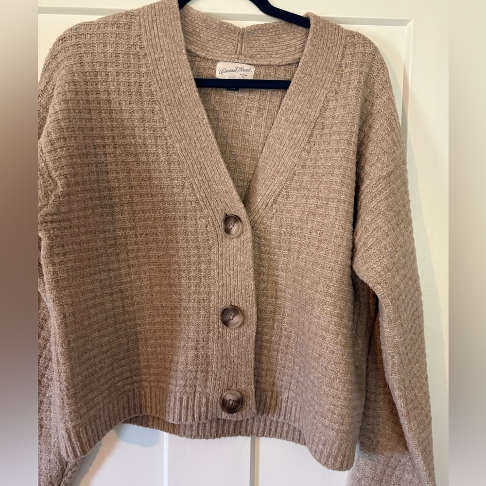 Universal Thread Taupe Waffle-Knit Button Front Cardigan